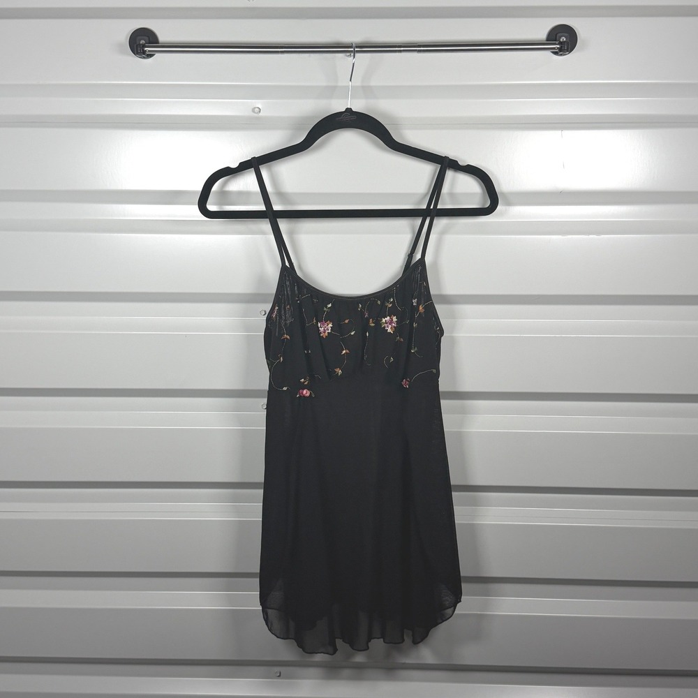 California Dynasty Babydoll Chemise Womens Medium Black Floral Embroidered Mesh